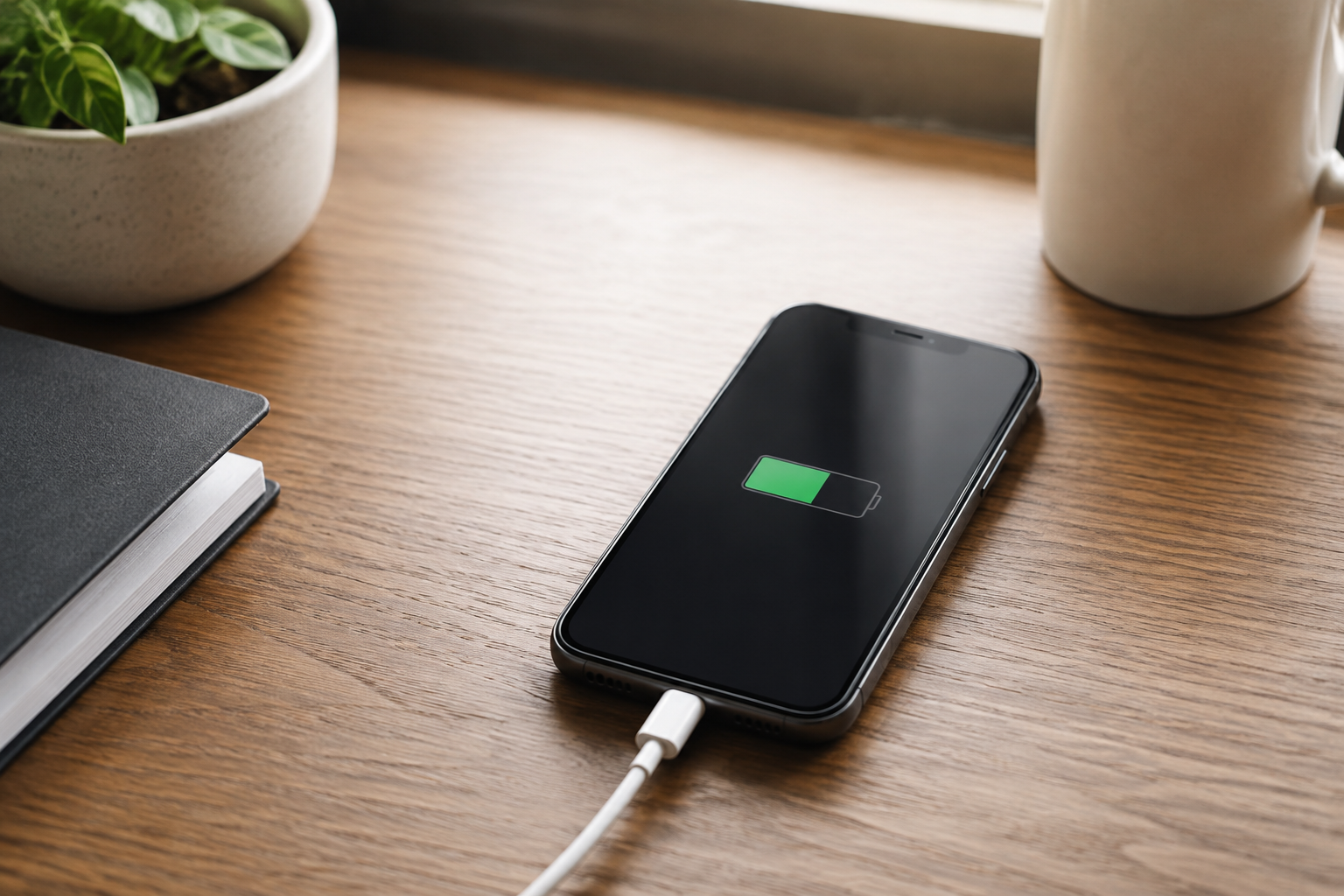Battery icon positioned between a thermometer and a long timeline