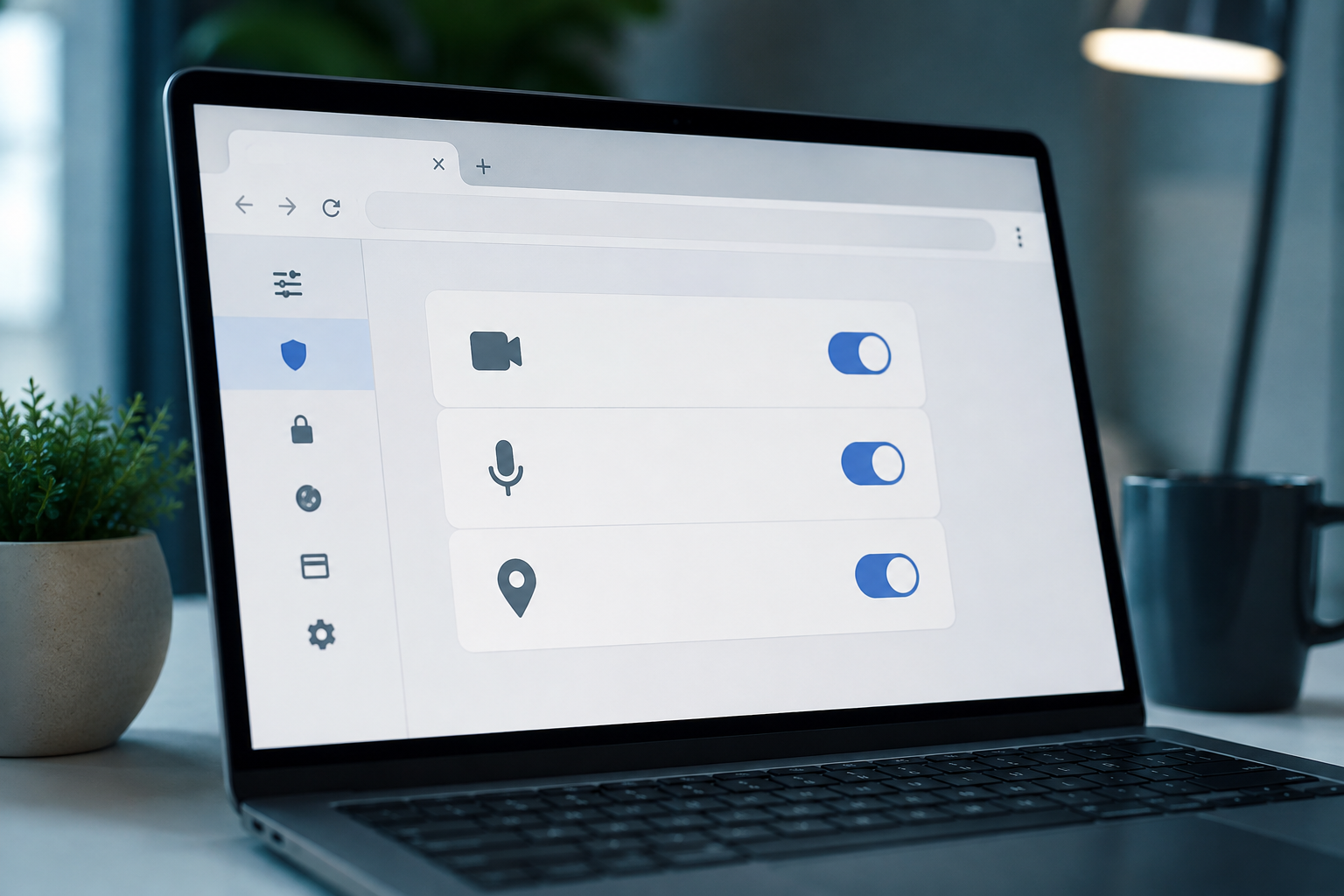 Browser window beside camera, location, microphone, and notification permission controls